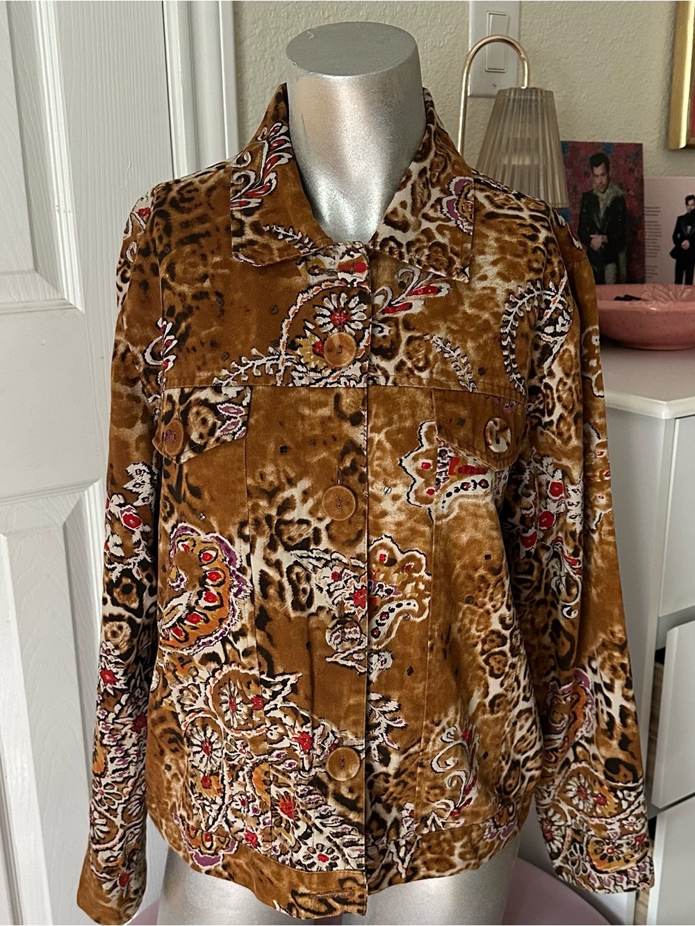 New Direction Leopard & Paisley Pattern Sequin Embellished Denim Jacket
